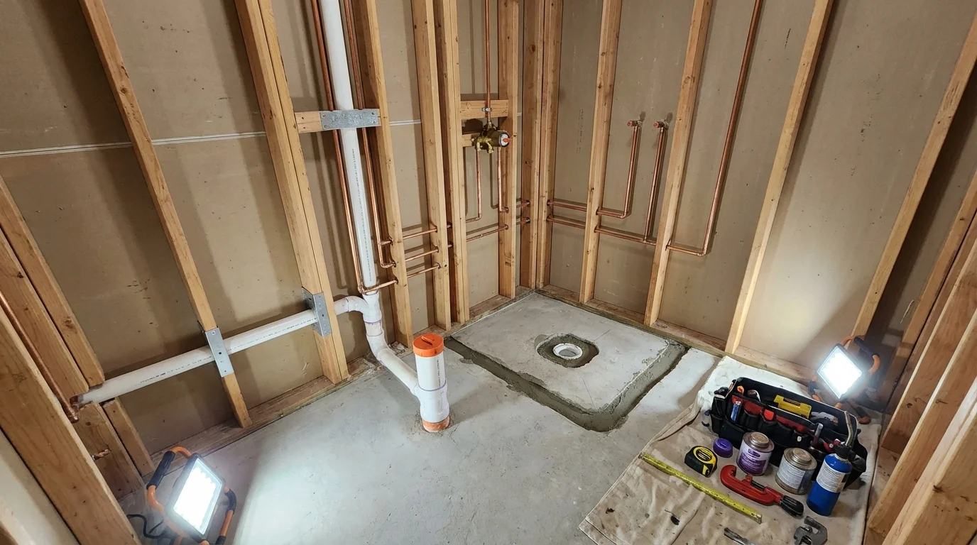 Bathroom rough-in plumbing during remodel by Johns Plumbing LLC in New Freedom