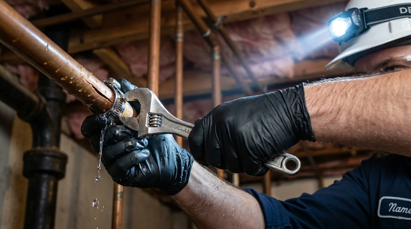 Emergency pipe clamp repair being performed by a Johns Plumbing LLC plumber in New Freedom