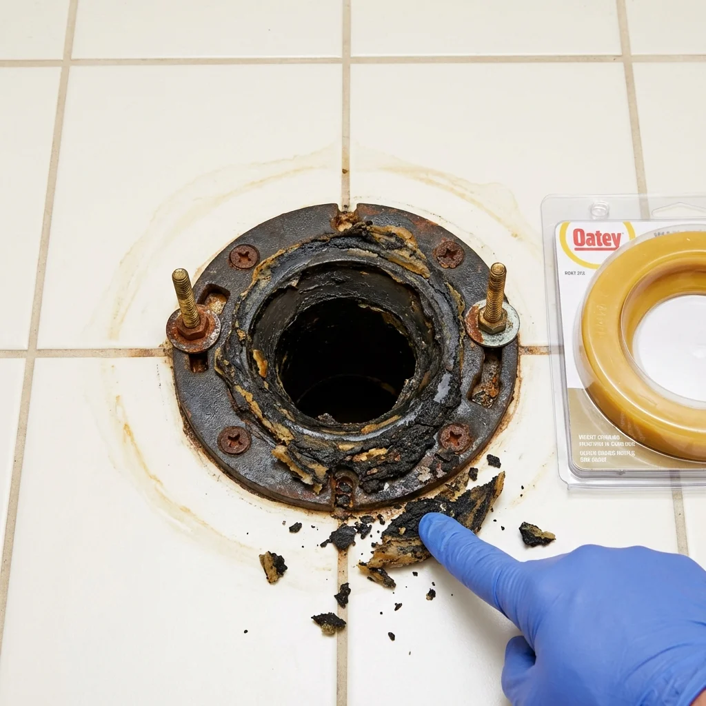 Failed wax ring showing water seepage at the base of a toilet in a New Freedom, PA home