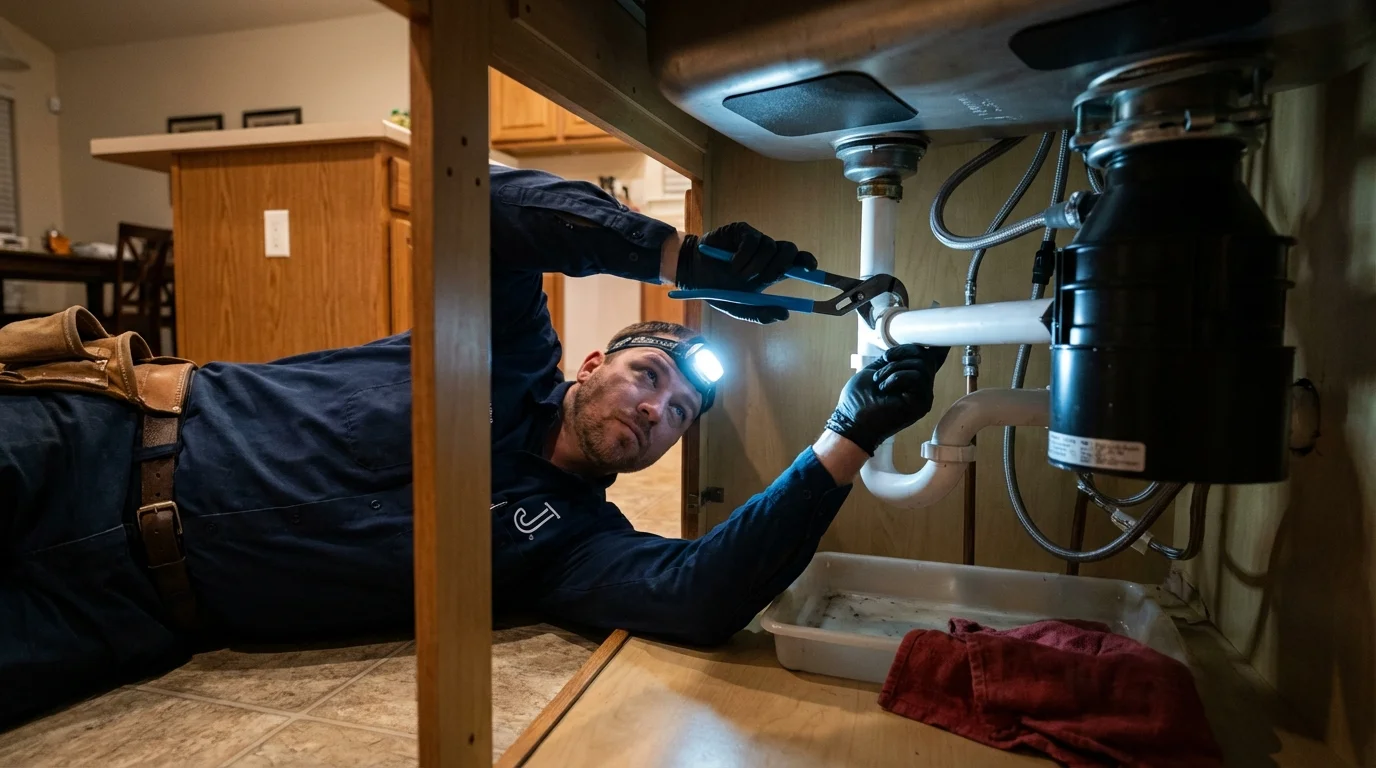 P-trap and supply line connections under a kitchen sink showing a common leak point in New Freedom, PA